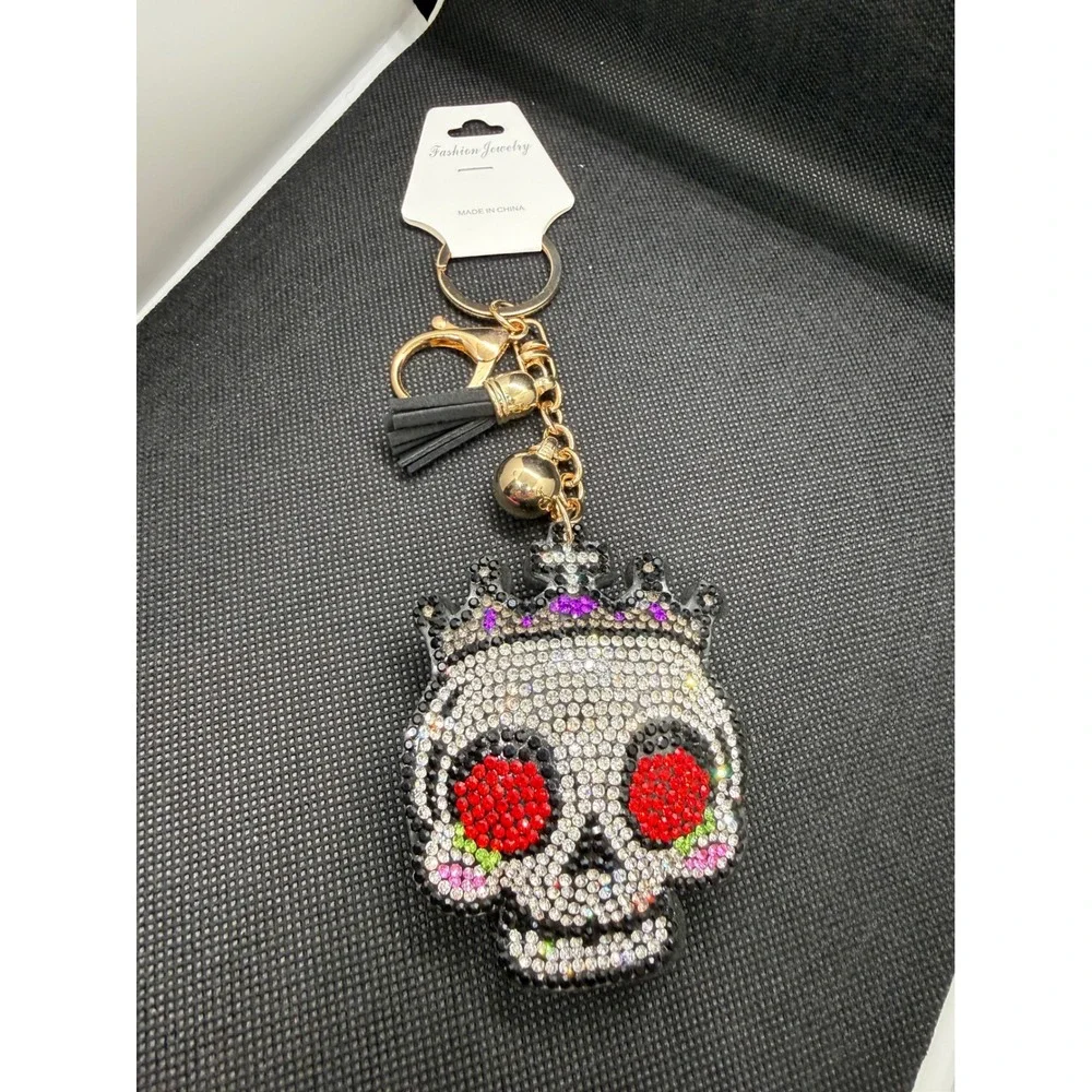 Rhinestone Sugar Skull Keychain Crown Tassel Gold Tone Bag Charm Day of the Dead